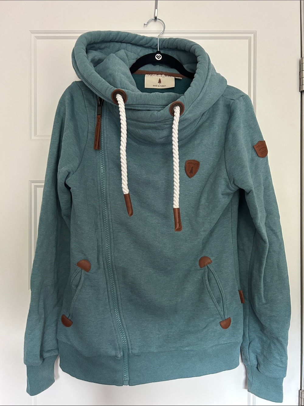 Wanakome Teal Hooded Women’s Sweater with Contrast Rope Drawstring